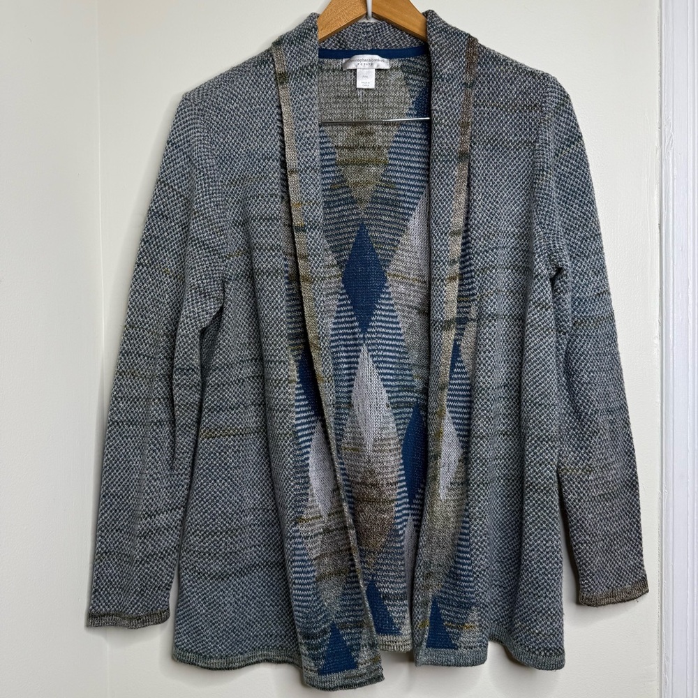 Christopher & Banks Petite XL Open Front Cardigan Sweater Blue Tan Argyle Comfy